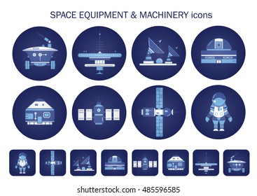 Vector set of round blue space equipment and machinery icons.