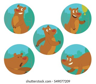 Vector set of round blue-green frames with trees and with cartoon images of cute brown bears: with a green balloon, standing, walking, standing on four paws and lying on his belly on white background.