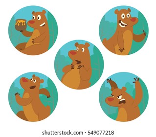 Vector set of round blue-green frames with trees and with cartoon images of cute brown bears: wondering, running, frightening someone, showing his thumb and with a pot of honey on a white background. 