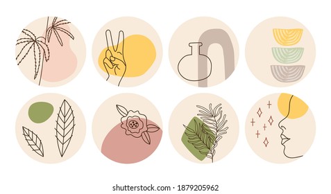 Vector set of round boho icons and emblems for social media story highlight covers. Hand-drawn trendy design templates for bloggers, designers and photographers.