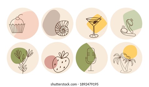 Vector set of round boho icons and emblems for social media story highlight covers. Hand-drawn trendy design templates for bloggers, designers and photographers.
