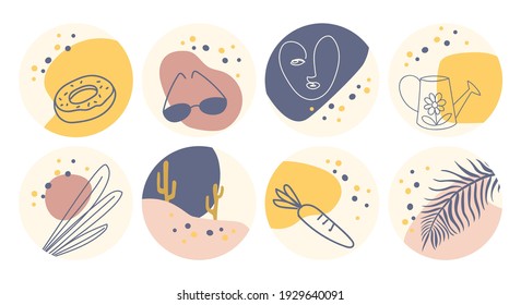 Vector set of round boho icons and emblems for social media story highlight covers. Hand-drawn trendy design templates for bloggers, designers and photographers.
