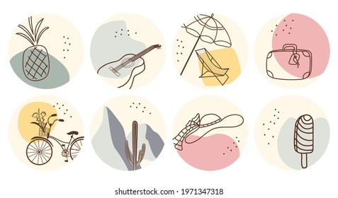 Vector set of round boho icons and emblems for social media story highlight covers. Hand-drawn trendy design templates for bloggers, designers and photographers.