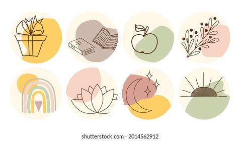 Vector set of round boho icons and emblems for social media story highlight covers. Hand-drawn trendy design templates for bloggers, designers and photographers.