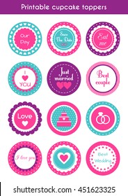 Vector set of round bright printable cupcake toppers, labels for wedding party