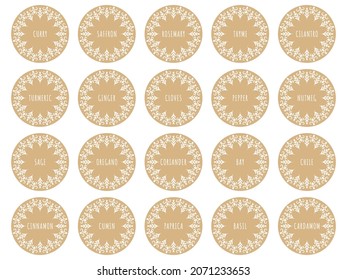 Vector set of round cardboard food stickers or labels. Floral frame. Herbs, spices tag for kitchen containers. Healthy food elements.  Bundle of circular tags. Natural product icons for vegan food. 