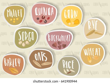 Vector set of round cereal emblems, stickers with handwritten lettering and hand-drawn stylized grains. For packing groats, advertising healthy food. Seamless pattern for reverse side on background.