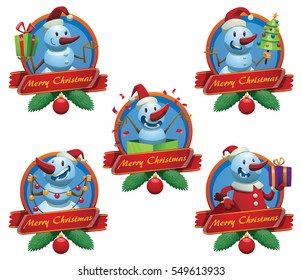 Vector set of round Christmas frames with banner, fir branches and with cartoon images of funny light blue snowmen with red noses, with different actions and emotions on a white background. Christmas.