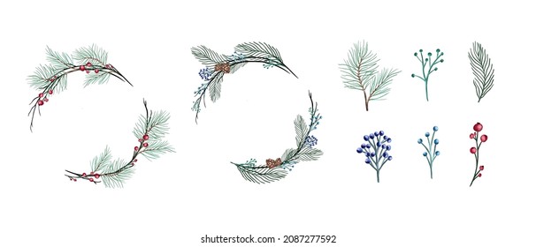 Vector set round Christmas wreath with with winter flowers isolated on white. For festive decoration of announcements, postcards, invitations, posters.