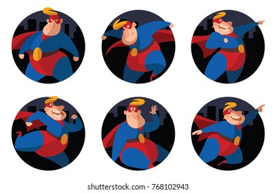 Vector set of round city night frames with cartoon images of funny fat superheroes in red-blue suits, cloaks and red masks, with different actions and emotions on a white background. Comic, hero. 