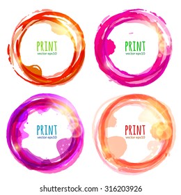 Vector set of round colorful banners with patches of sunlight, isolated on white background.  Abstract design elements. Vector illustration.