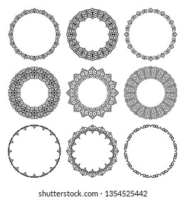 Vector set of round contour narrow and wide frames in abstract oriental motifs. Traditional elegant floral eastern ornament to decorate and design greeting cards, certificates, wedding invitations