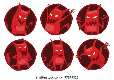 Vector set of round dark red frames with cartoon images of funny red devils with horns and tails, with various emotions and actions in the center on a white background. Vector illustration of devil.