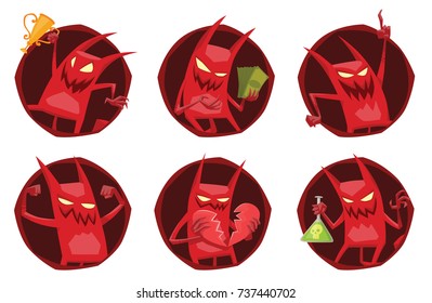 Vector set of round dark red frames with cartoon images of funny red devils with horns and tails with different actions and emotions on a white background. Demon, positive character, business.