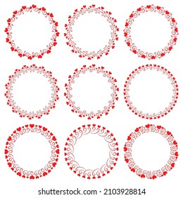 Vector set of round elegant frames with red hearts. Collection of beautiful vintage circle frames in romantic style for valentine's day, for design of wedding invitation, romantic cards, love messages