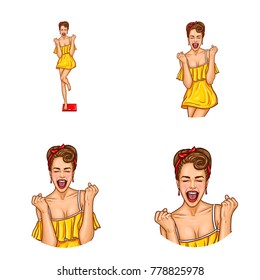Vector set of round female avatars for social network, profile icons. Pop art sexy girl with excited face and wide-open mouth in yellow dress stands on scales and happy, that she lost of excess weight