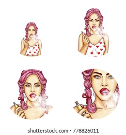 Vector set of round female avatars for users of social network, profile icons. Pop art vaping girl with red glossy lips and pink hair holds vaporizer in one hand, smokes e-cigarette, exhaling a vapor