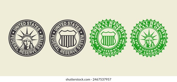 Vektorgrafik der fiktiven, runden Finanzsiegel der US-Notenbank Federal Reserve. Kollektion von grünen und grauen Bankmarken. Schild und Porträt der Freiheitsstatue. Isolierter Hintergrund.