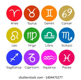 Vector set of round flat icons with Zodiacal symbols in rainbow colors on white background.