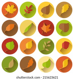 Vector set of round flat icons with long shadow.  Leaves icons set isolated on white background.