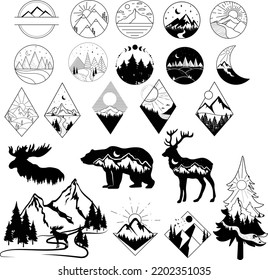 Vector set of round forest vintage logos, emblems, silhouettes and design elements. Logotype templates and badges with mountains, forest, trees,moon, deer, beart