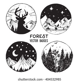 Vector set of round forest vintage logos, emblems, silhouettes and design elements. Logotype templates and badges with mountains, forest, trees,moon, deer.