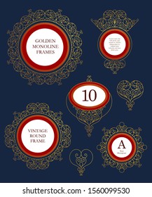 Vector set of round frames and borders for design template. Elements in Eastern style. Golden outline floral arabic ornament. Isolated line art ornaments. Gold monoline ornamental decoration.