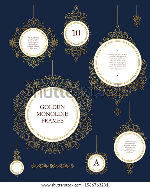 Vector set of round frames and borders for
design template. Elements in Eastern style. Golden outline floral
arabic ornament. Isolated line art ornaments. Gold monoline
ornamental decoration.