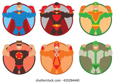 Vector set of round frames with cartoon images of muscular men superheroes in different superheroes costumes smiling in the center on a white background. Vector illustration.