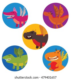 Vector set of round frames with cartoon images of funny dragons of different colors and forms in different poses on a white background. Positive character. Vector illustration of a dragon.