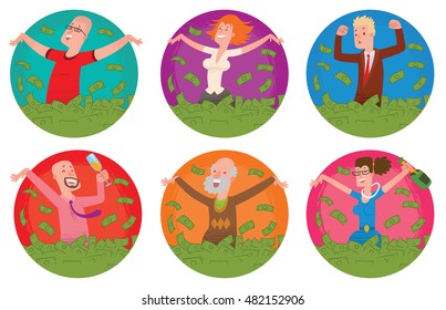 Vector set of round frames with cartoon images of happy people (men and women) of different ages and appearance bathing in the sea of green banknotes on a white background. Bathing in money. Business.