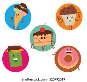 Vector set of round frames with cartoon colored images of funny sweets: ice cream cone, a cupcake, a chocolate bar, a donut and a piece of cake, standing and smiling on a white background. Sweets. 