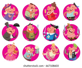 Vector set of round frames with cartoon images of funny pigs: blonde, bully, fashionista, gentleman, captain, musketeer, teenager, office worker, ballerina, sailor, cowboy and punk on white background