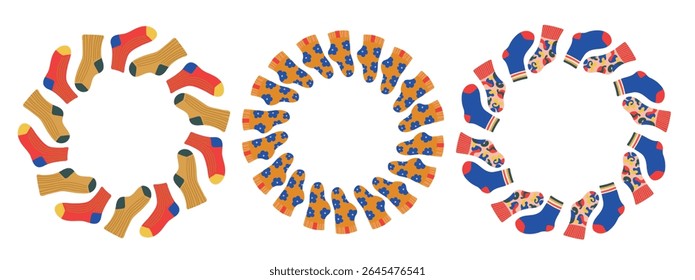 Vector set round frames with colorful socks. Flat hand drawn design isolated on white background.Fun and playful design, perfect for kids' prints, posters, packaging, cards, and seasonal decorations.