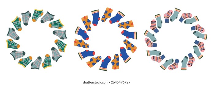 Vector set round frames with colorful socks. Flat hand drawn design isolated on white background.Fun and playful design, perfect for kids' prints, posters, packaging, cards, and seasonal decorations.