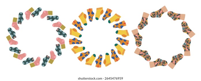 Vector set round frames with colorful socks. Flat hand drawn design isolated on white background.Fun and playful design, perfect for kids' prints, posters, packaging, cards, and seasonal decorations.