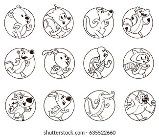 Vector set of round frames with cute running animals: bear, fox, kangaroo, rat, rabbit, turtle, cow, dog, crocodile, horse, raccoon and gorilla on a white background. Sport, Zoo, jogging. Line art. 