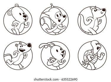 Vector set of round frames with cute running animals: bear, fox, kangaroo, rat, rabbit and turtle on a white background. Sport, Zoo, jogging, healthy lifestyle. Positive character. Line art. 
