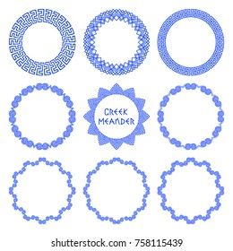 Vector set of round frames in ethnic style Greece with elements of Greek meander isolated on white background. Circle patterns for decorating and text design, plates