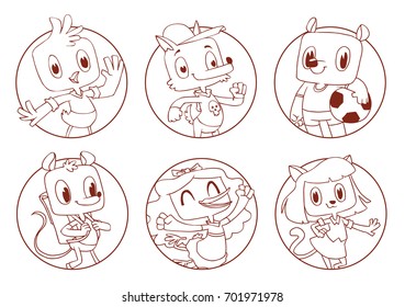 Vector set of round frames with funny animals: male chicken, male bear, male mouse, female stork, female cat and male wolf on a white background. Animal, forest, positive character. Line art.