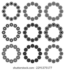 Vector set of round frames, geometric simple floral ornament. A collection of elegant black circle borders. Pattern for social media design, wedding, invitations, web banners, greeting cards, plates