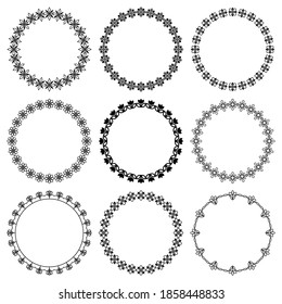 Vector set of round frames with a graphic floral pattern. Beautiful modern  elegant abstract floral ornament. For design birthday, wedding, greeting card, invitation, poster, plate, postcard, logo
