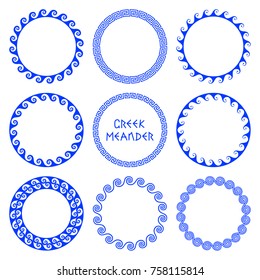 Vector set of round frames in Greek style with elements of sea waves isolated on white background. Traditional retro ornament of greece for design and decoration of text, plates.