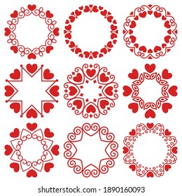 Vector set of round frames in modern and vintage style with red hearts.Beautiful circle ornament, romantic pattern for design of Valentine's day card, invitation, banner, greeting, gift, wedding card