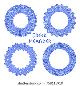 Vector set of round frames with motif of a Greek meander isolated on white background. Circles templates for decorating books,  invitations. Set of traditional and modern patterns for design of plates