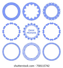 Vector set of round frames with native Greek flower and meander patterns. A collection of frames isolated on a white background for decoration and design of plates. Modern Greek traditions patterns