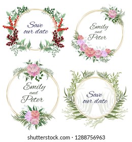 Vector set of round frames. Red and green berries, Rowan, cranberries, leaves, twigs, peony flowers. All elements are isolated. Gold round frames.