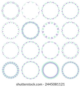 Vector set of round frames with simple geometric patterns. Thin frames in delicate pastel mint and lilac shades for printing on paper and textiles. For design of plates, banners, brochures, embroidery