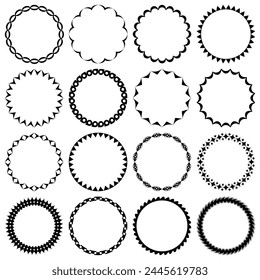 Vektorgrafik von runden Rahmen mit einfachen geometrischen Mustern. Eine Kollektion von dünnen Rahmen in einem trendigen modernen Stil für den Druck auf Papier und Textilien. Für die Gestaltung von Tellern, Bannern, Broschüren, Stickereien