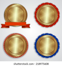 Vector Set Of Round Gold Badge Templates With Ribbons And Place For Text